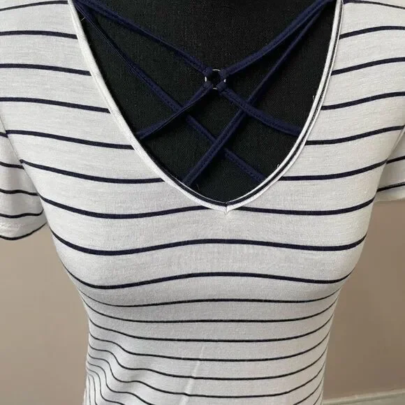 Glitz Navy and White Striped Cross Front Blouse - Picture 2 of 5